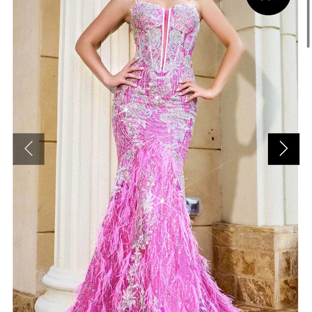 Portia And Scarlett PLUNGING SWEETHEART EMBELLISHED PROM GOWN w feathers